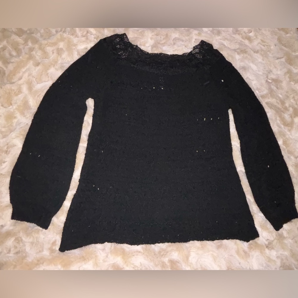 Super soft black sweater with lace boat neck size M